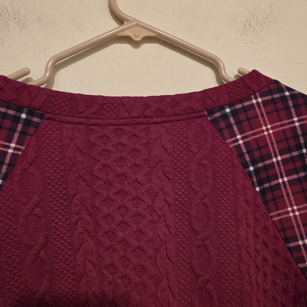 Nwt Bloomchic Burgundy Patchwork Sweater With Pla… - image 3
